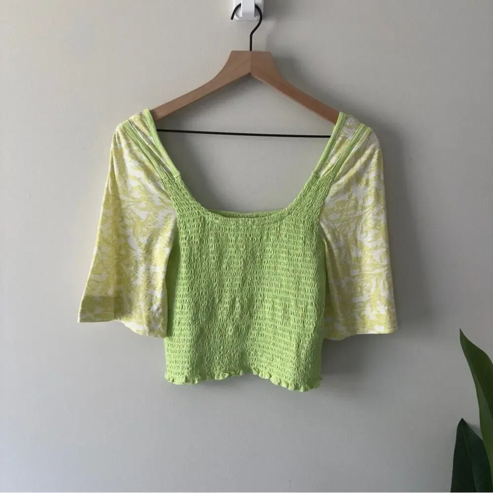Free People Marigold Top in Key Lime Combo Smocked half Sleeve Cropped top green